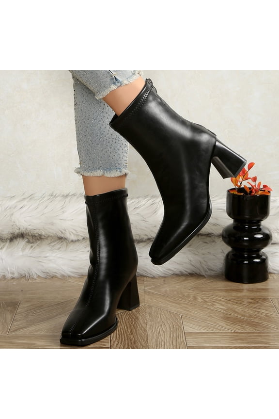 Winter Ankle Boots for Women – Fashionable Comfortable Casual Style with Solid Color, Rear Zipper & Chunky High Heel Design for Daily Wear