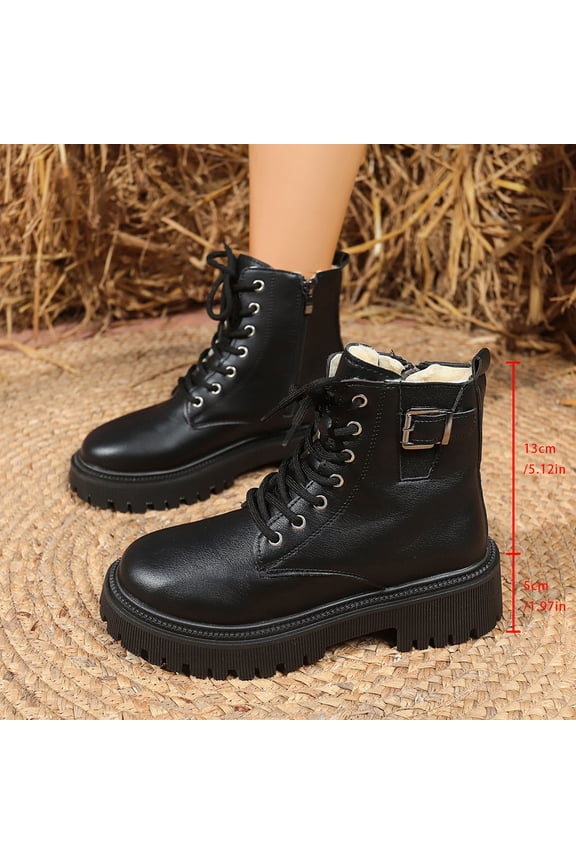 Winter Ankle Boots for Women - Fleece-Lined Warmth with Side Zipper & Front Lace-Up Low Chunky Heel Casual Winter Footwear