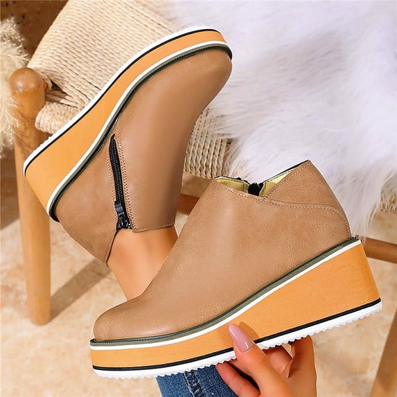 Wowcloth Winter Ankle Boots for Women – Solid Color Round-Toe Chunky Heel with Slip-On Design for Casual Winter Outfits & Everyday Fashion