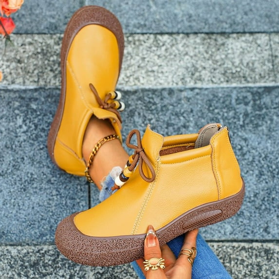 Wowcloth Winter Ankle Boots for Women – Solid Color Round-Toe Lace-Up Flat Soft Sole Casual Everyday Footwear