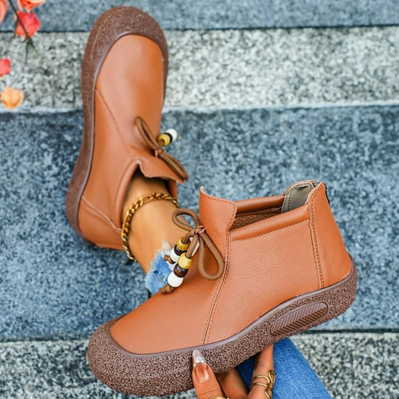 Wowcloth Winter Ankle Boots for Women – Solid Color Round-Toe Lace-Up Flat Soft Sole Casual Everyday Footwear
