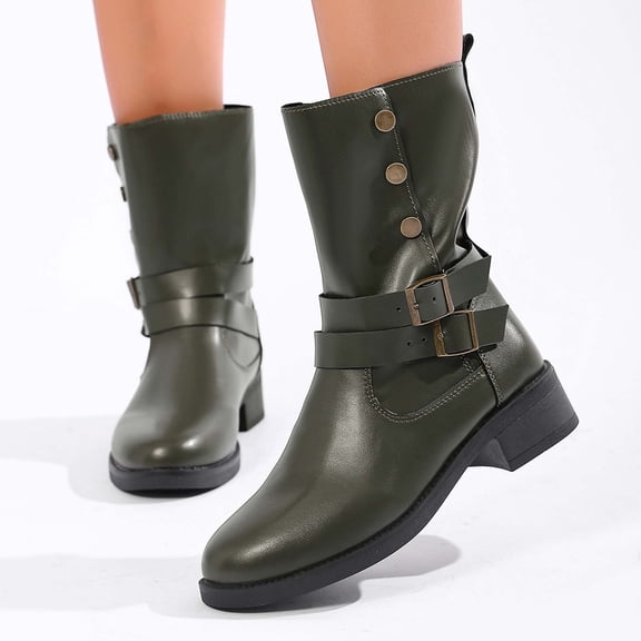 Wowcloth Winter Boots for Women - Comfortable Plus-Size Round Toe with Buckle Detail Chunky Low Heel Ankle Boots for Fashion Casual Daily Wear