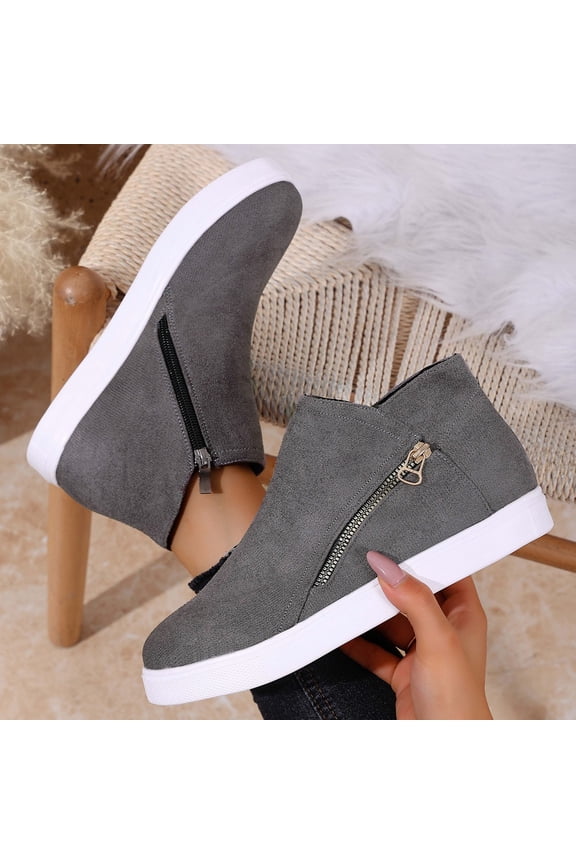 Winter Casual Ankle Boots for Women – Side Zipper Slip-On with Solid Suede Round Toe Design & Comfortable Flat Heel for Stylish Everyday Winter Footwear