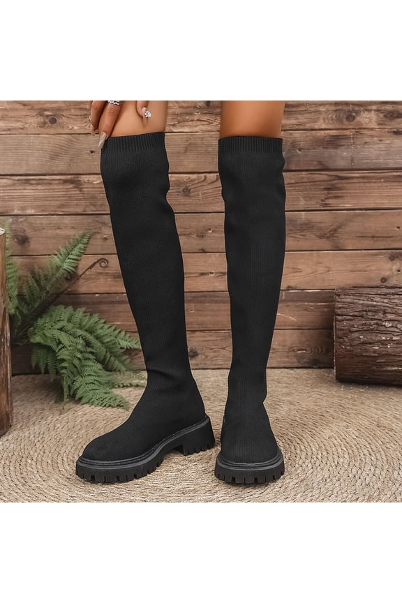 Winter Fashion Casual Mesh Stretch Over-the-Knee Boots for Women – Comfortable Round Toe with Chunky Low Heel, Solid Color Design for Winter Outfits