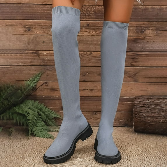 Wowcloth Winter Fashion Casual Mesh Stretch Over-the-Knee Boots for Women – Comfortable Round Toe with Chunky Low Heel, Solid Color Design for Winter Outfits