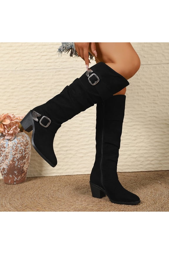 Winter Knee-High Boots for Women – Comfortable Side-Zip Chunky Low Heel Pointed-Toe Design for Fashion Casual Winter Wear