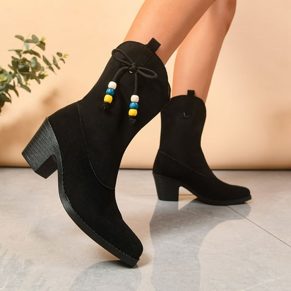 Wowcloth Winter Suede Mid-Calf Boots for Women – Pointed Toe Medium Block Heel with Bow & Bead Decorations, Stylish Casual Footwear for Winter