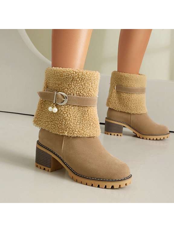 Winter Women's Fashion Casual Ankle Boots - Lined Warmth Short Boots with Solid Color Buckle, Round Toe Chunky Heel & Stylish Winter Daily Wear Footwear