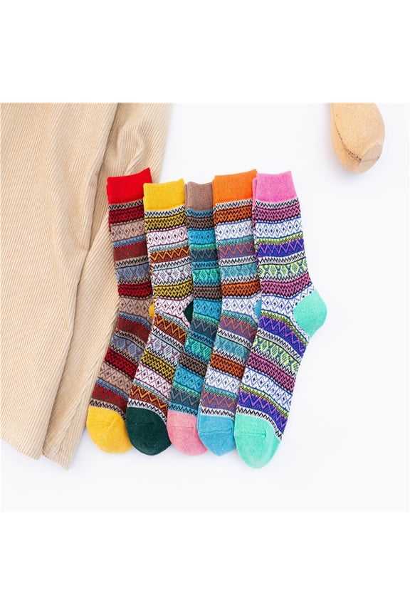 Winter Women's Rabbit Wool Blend Socks, Thick Warm Thermal Mid-Calf, Cozy Colorful Striped Knit Socks for Cold Weather