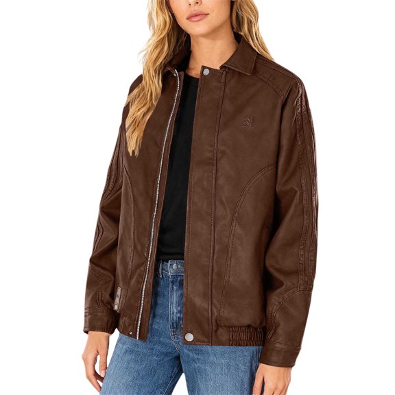 Wowcloth Woman Leather Jacket, Solid Color with Pockets and Buttons, Long Sleeve Zipper Front, Stand Collar for Casual Outdoor and Daily Wear