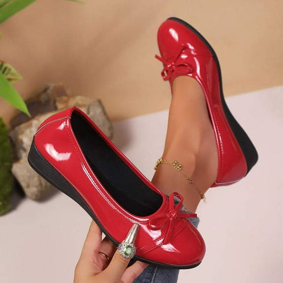 Wowcloth Woman's Ballet Flats, Stylish Solid Color with Bow Decoration and Round Toe, Comfortable Patent Leather Shoes for Daily Wear and Autumn-Winter Outfits