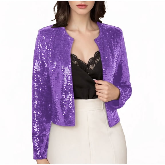 Wowcloth Woman's Blazer, Round Neck Long Sleeve with Sequin Detail and Open Front, Casual Versatile for Party and Daily Wear
