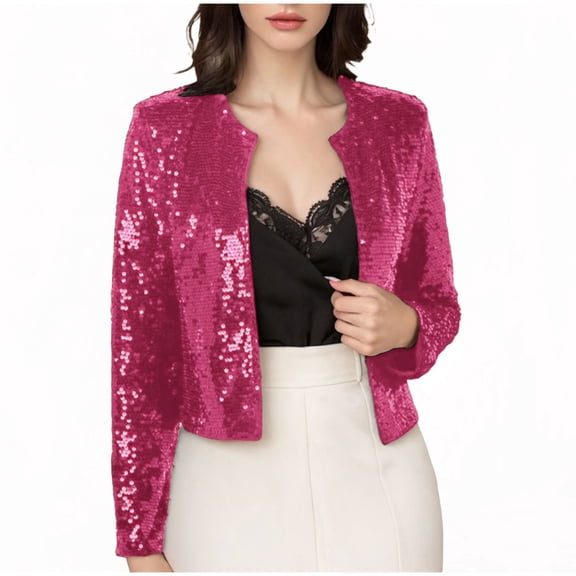 Wowcloth Woman's Blazer, Round Neck Long Sleeve with Sequin Detail and Open Front, Casual Versatile for Party and Daily Wear