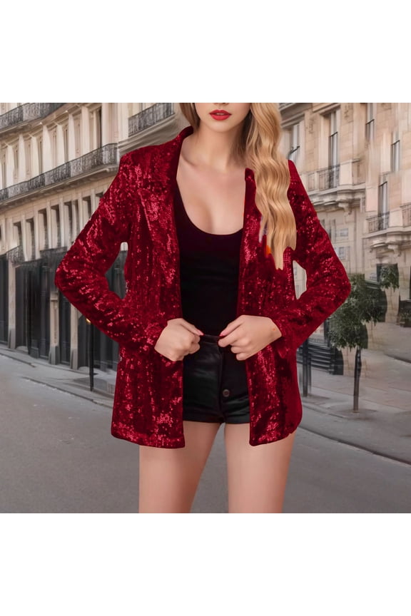 Woman's Blazer with Notched Lapel, Sequin Embellishments, and Open Front, Casual Elegant Style for Daily Wear and Parties