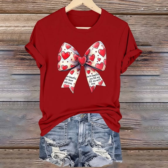 Wowcloth Woman's Bow Detail T-Shirt, Fashion Casual Print with Round Neck and Short Sleeve, for Daily Casual Wear