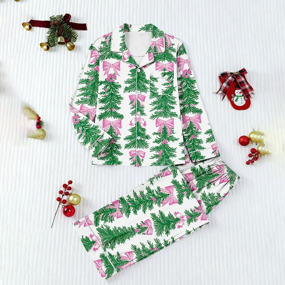 Wowcloth Woman's Casual Christmas Lounge Set, Long Sleeve Collar Design with 2-Piece Outfit (Top   Pants), Soft Holiday Sleepwear for Christmas Celebration, Home Relaxation and Daily Wear