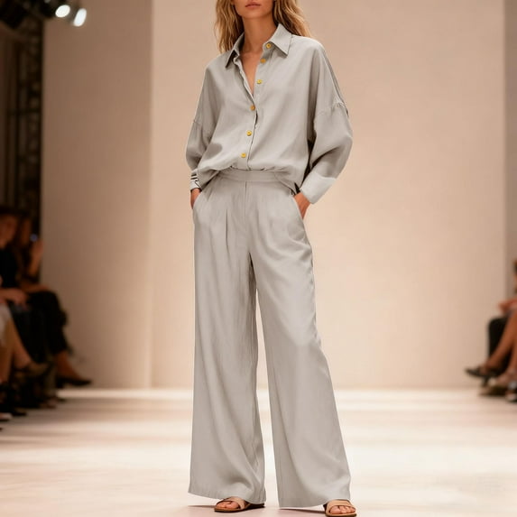 Wowcloth Woman's Casual Linen Shirt and Wide-Leg Pants Set, Solid Color Pure Cotton Linen Blend Two-Piece Outfit with Breathable Comfort for Daily Wear and Effortless Style