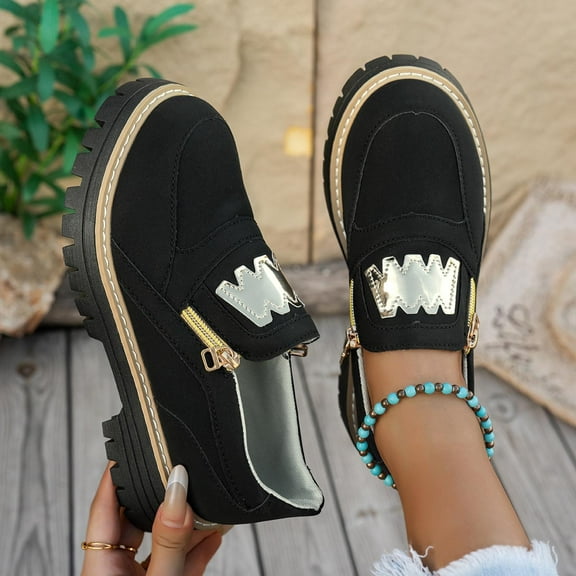 Wowcloth Woman's Casual Loafers, Retro Suede Round Toe with Side Zipper, Chunky Heel Platform Mid-Heel Shoes for Daily Wear
