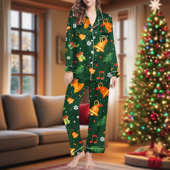 Wowcloth Woman's Casual Long Sleeve Pajama Set, Christmas-Themed Button-Up Top and Relaxed Pants, Soft Loungewear for Home Relaxation and Holiday Season