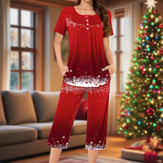 Wowcloth Woman's Casual Pajama Set, Christmas Print Round Neck Short Sleeve Button-Up Top and Capri Pants, Cotton Sleepwear for Home and Relaxation