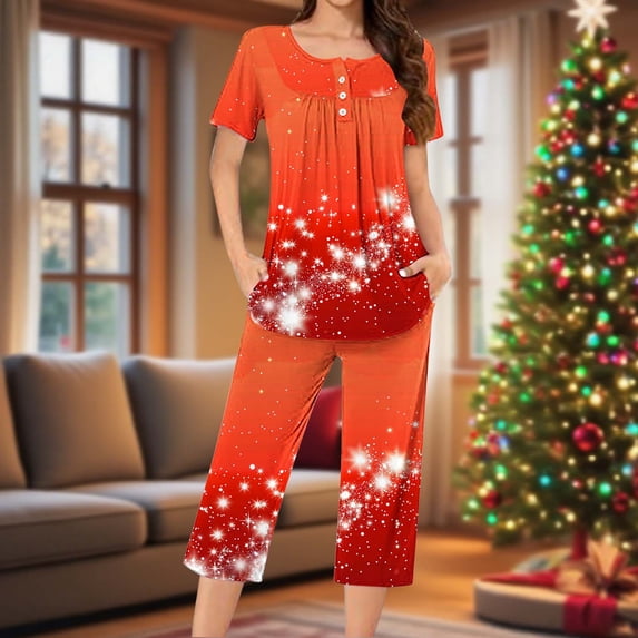 Wowcloth Woman's Casual Pajama Set, Loose-Fitting Christmas Print Round Neck Short Sleeve Button-Up Top with Capri Pants, Comfy Sleepwear for Home Lounging and Relaxation