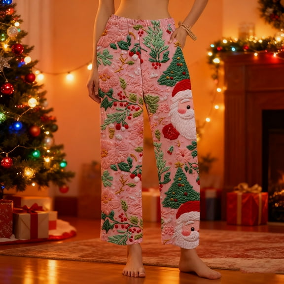 Wowcloth Woman's Casual Pants, Christmas Print & Pockets, Thermal Fleece Lounge Pants for Lounge, Home, and Winter Seasons