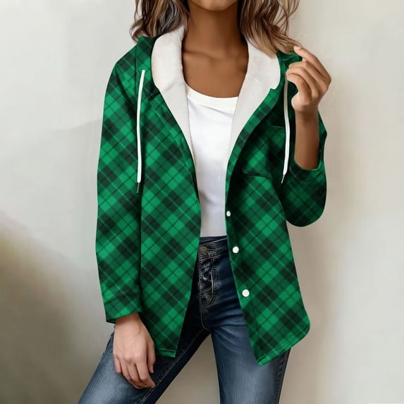 Wowcloth Woman's Casual Plaid Hooded Jacket, Long Sleeve with Chest Pocket, Fashion Outerwear for Daily Wear and Outdoor Activities