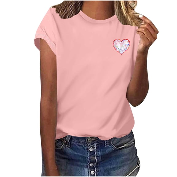Wowcloth Woman's Casual Top, Round Neck with Heart Print, Short Sleeve Loose Fit for Daily Wear