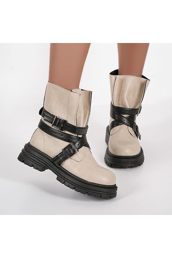 Woman's Casual Winter Martin Boots, British Style with Round Toe and Buckle Detail, Chunky Low Heel Ankle Boots for Daily Wear and Winter Fashion