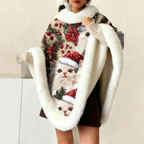 Wowcloth Woman's Christmas Print Flannel Homewear, Festive Plush Collar Cape, Cozy Thermal Loungewear for Indoor and Winter Relaxation
