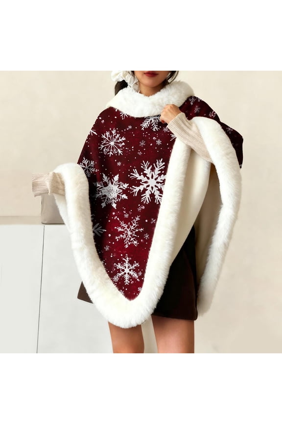 Woman's Christmas Print Fleece Homewear, Super Thick Faux Fur Collar Cape, Plush Thermal Loungewear for Holiday and Home Relaxation
