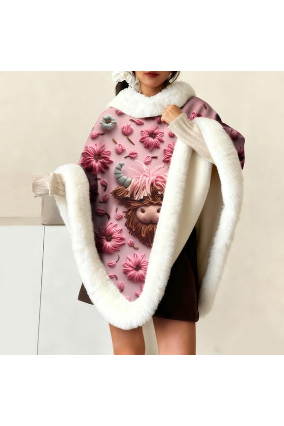 Woman's Christmas Print Fleece Thermal Homewear, Super Plush Faux Fur Collar Scarf, Cozy Winter Loungewear for Indoor and Holiday Season