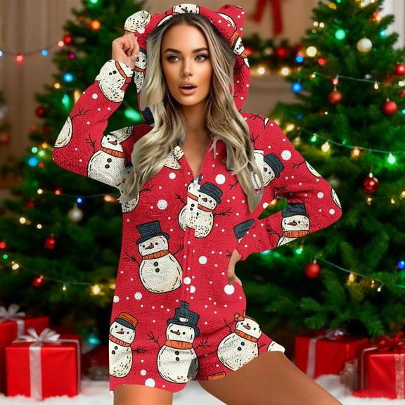 Wowcloth Woman's Christmas Print Hooded Jumpsuit with Ears, Plush Fleece-Lined Thermal Coveralls, Long Sleeve Zip-Up Pajama Set for Home and Lounge Wear