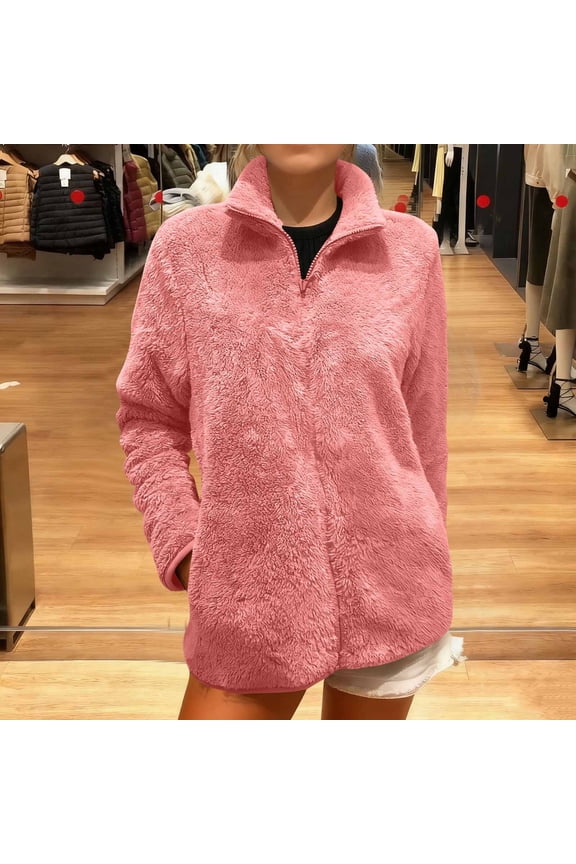 Woman's Coral Fleece Jacket, Long Sleeve with Front Zipper, Thermal Insulated for Casual Outdoor and Daily Wear