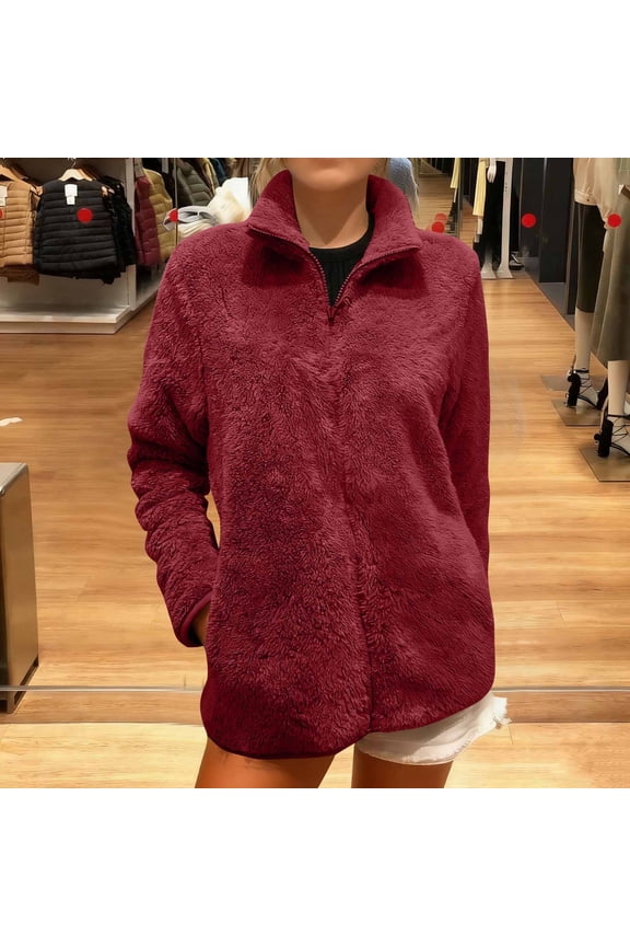 Woman's Coral Fleece Jacket, Long Sleeve with Front Zipper, Thermal Insulated for Casual Outdoor and Daily Wear