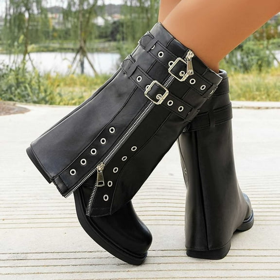 Wowcloth Woman's Fashion Casual Boots, Chunky Heel Round Toe with Side Zipper on Shaft, Western-inspired Slimming Design for Daily Wear and Western Style Outfits