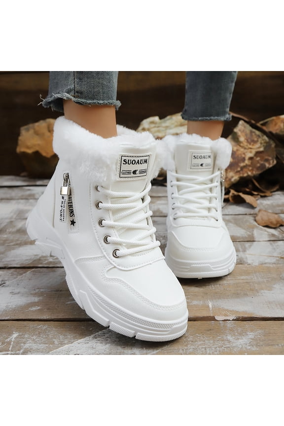 Woman's Fashion Casual Winter Fleece-Lined Warm Ankle Boots, Solid Color Round Toe Front Lace-Up Chunky Sole Flat Heel, Thermal Insulated Comfortable for Daily Wear and Winter Outfits