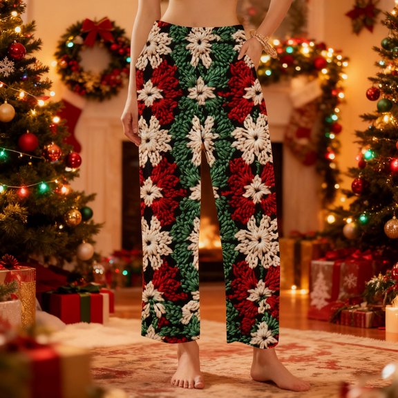 Wowcloth Woman's Fleece-Lined Sleep Pants, Festive Christmas Print with Pockets, Thermal Winter Lounge Pajamas for Cozy Nights and Home Comfort