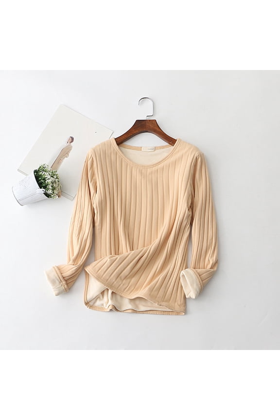 Woman's Fleece-Lined Thermal Shirt, Thickened Warm Snug-Fit Long Sleeve Round Neck Top for Fall Winter Daily Wear