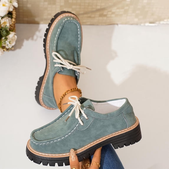 Wowcloth Woman's Loafers, Fashionable & Casual New Retro Suede Design, Round Toe with Lace-Up Closure, Chunky Heel and Platform Sole for Daily Wear and Leisure Activities