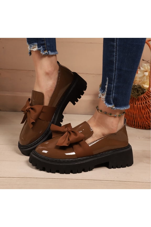 Woman's Loafers, Retro Round Toe with Bow Decoration, Chunky Heel and Platform Low-Cut Design in British Style, Fashionable and Casual Shoes for Daily Wear
