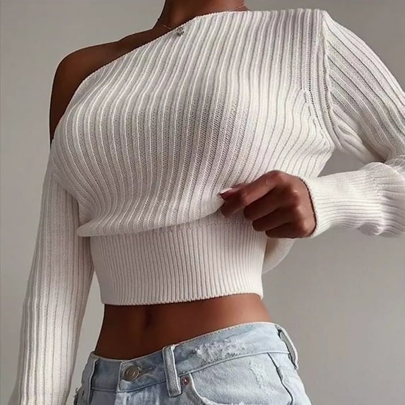 Wowcloth Woman's Off-Shoulder Sweater, Solid Color Long Sleeve with Round Neck, Casual for Everyday Wear