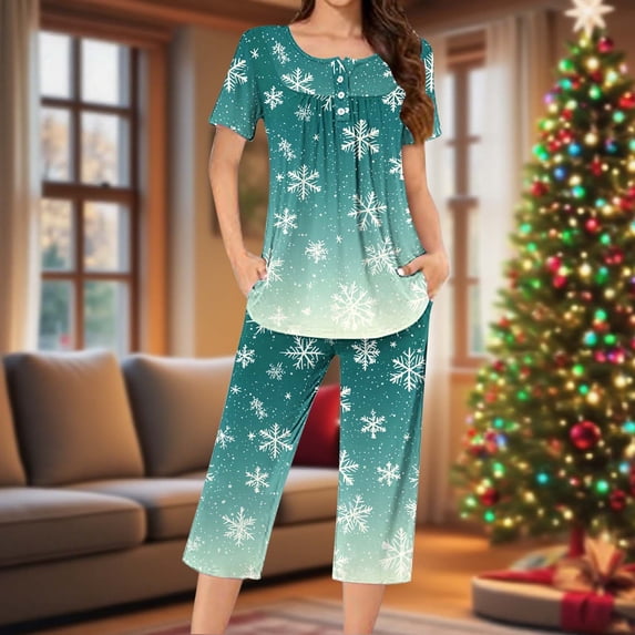 Wowcloth Woman's Pajama Set, Fashionable Relaxed Fit with Christmas Print, Round Neck Short Sleeve Button-Up Top and Capri Pants for Cozy Sleepwear and Home Lounging