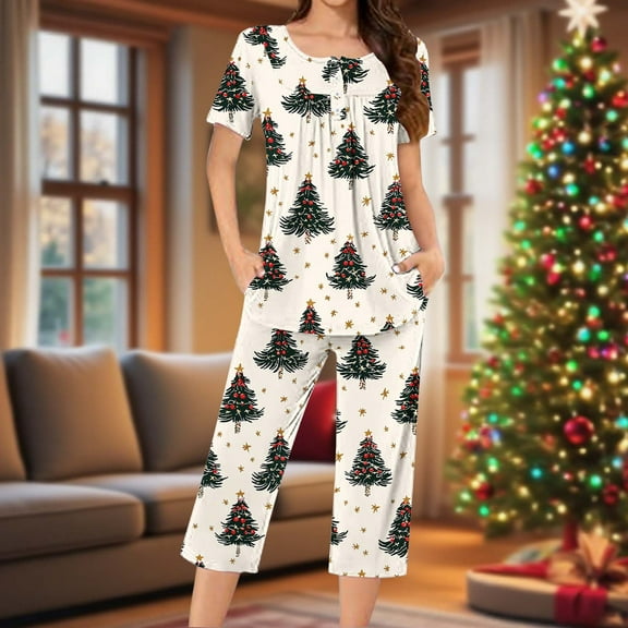 Wowcloth Woman's Pajama Set, Loose-Fit with Christmas Print, Round Neck Short-Sleeve Button-Up Top and Cropped Pants, Comfortable Sleepwear for Home Lounging and Leisure