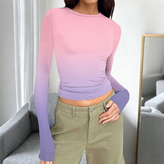 Wowcloth Woman's Ribbed Top, Casual Non-Positional Print Stretchy Round Neck Long Sleeve Slim Fit Shirt for Daily Wear