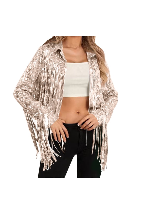 Woman's Sequin Fringe Jacket, Long Sleeve No Hood, Casual Outerwear for Daily Use