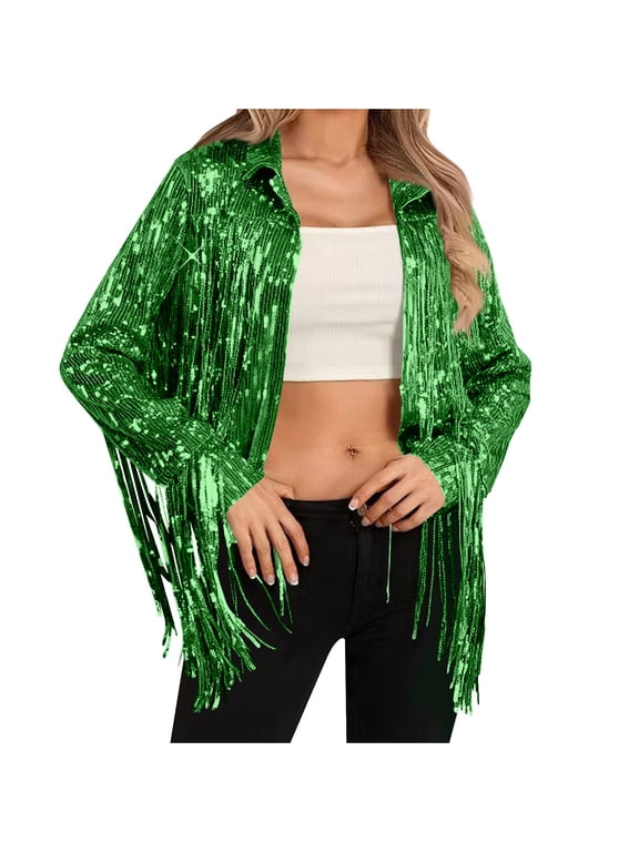Woman's Sequin Fringe Jacket, Long Sleeve No Hood, Casual Outerwear for Daily Use