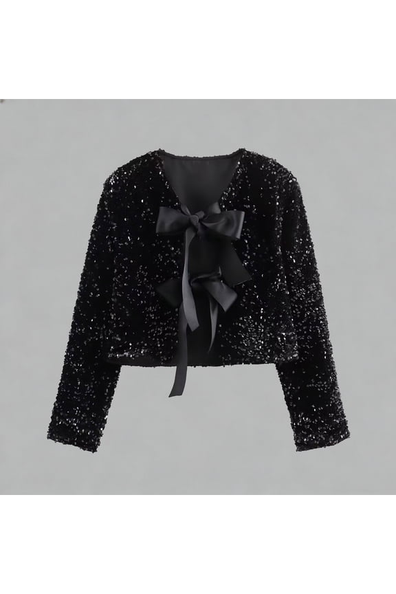 Woman's Sequin and Bow Decorated Blazer, Round Neck Long Sleeve Cropped Jacket for Party and Casual Wear