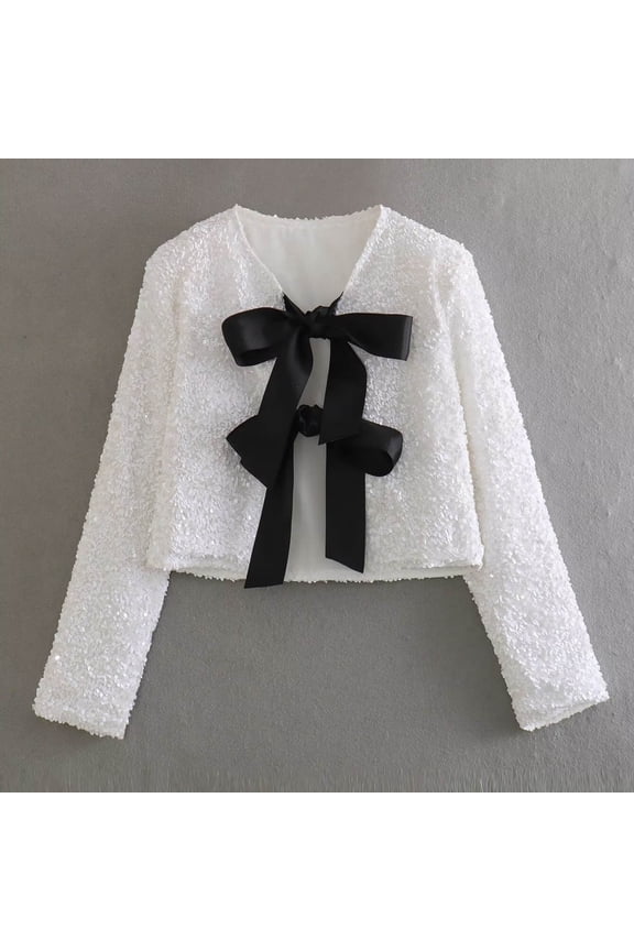 Woman's Sequin and Bow Decorated Blazer, Round Neck Long Sleeve Cropped Jacket for Party and Casual Wear