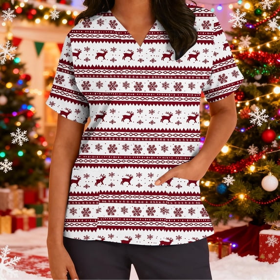 Wowcloth Woman's Short Sleeve V-Neck Scrubs Top with Christmas Print and Pocket for Healthcare Work and Daily Use